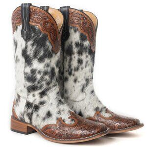 MYRA BAG Mesa Cloud Hair On Hand Tooled Black White Western Roper Boots 6-11 NWT